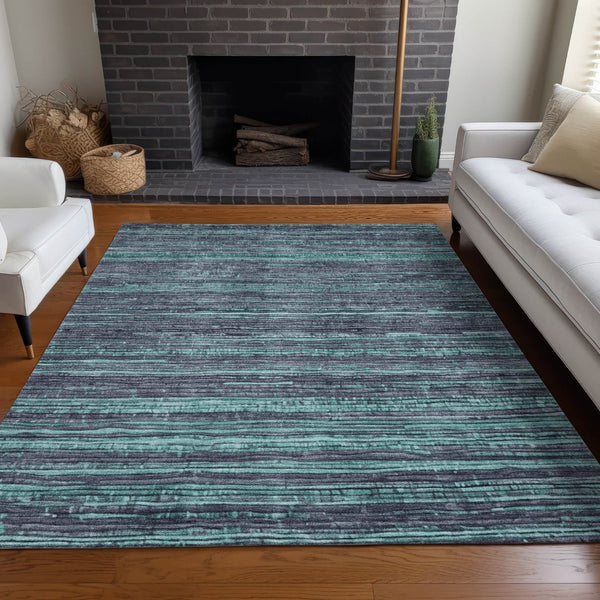 HomeRoots 5' Washable Teal Blue and Gray Striped Area Rug for Indoor and Outdoor Spaces – Stylish and Durable! 10' X 14' 622599