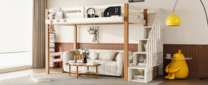English Elm Twin Pine Wood Loft Bed with Built-in Shelving and Hook for Kids Bedroom W5305S00010