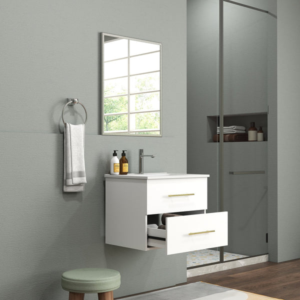 English Elm 24-Inch Wall-Mounted Bathroom Vanity & Mirror Set With Gold Handles, Space-Saving Design, Easy Install W3151S00039