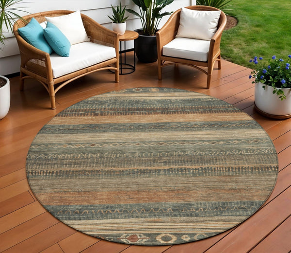 HomeRoots 5' Bold Fern Green and Rust Aztec Area Rug - Durable, Washable, Perfect for Indoor and Outdoor Spaces 8' Round 622602