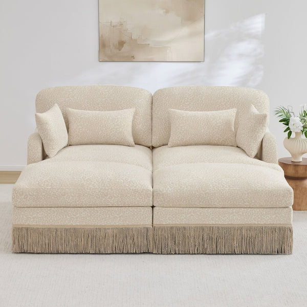 English Elm Comfy Chenille Leopard Print Loveseat with Tassel Trim and Movable Ottoman Modules Beige W5656S00003