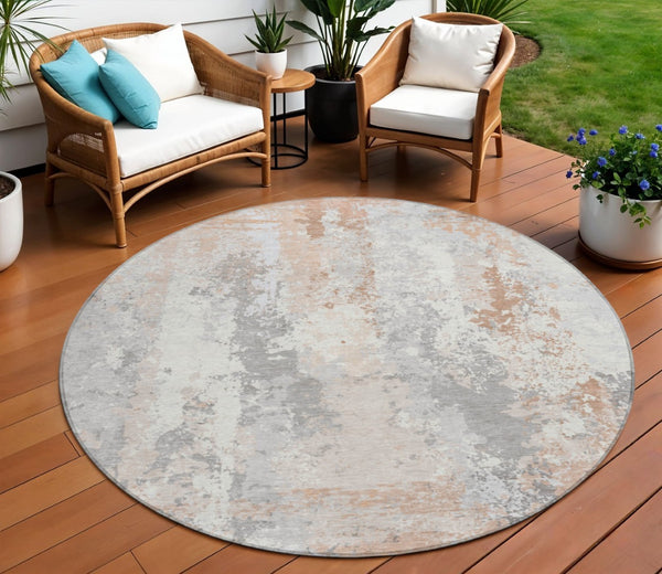 HomeRoots 5' Coral and Ivory Abstract Area Rug - Washable, Durable, Modern Design for Indoor and Outdoor Use 8' Round 622620