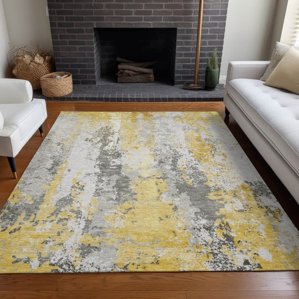 HomeRoots 5' Vibrant Yellow and Ivory Abstract Area Rug – Durable, Stain Resistant, Indoor/Outdoor Versatile Design 5' X 8' 622637