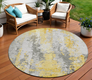 HomeRoots 5' Vibrant Yellow and Ivory Abstract Area Rug – Durable, Stain Resistant, Indoor/Outdoor Versatile Design 8' Round 622638