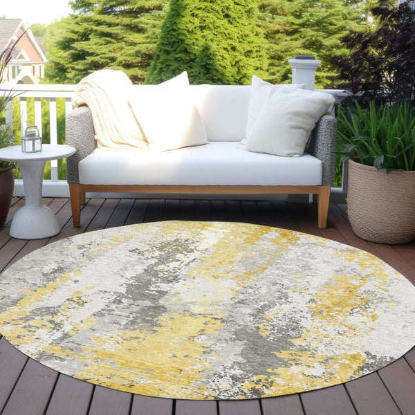 HomeRoots 5' Vibrant Yellow and Ivory Abstract Area Rug – Durable, Stain Resistant, Indoor/Outdoor Versatile Design 8' Round 622638