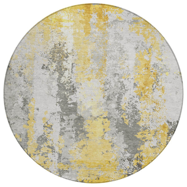 HomeRoots 5' Vibrant Yellow and Ivory Abstract Area Rug – Durable, Stain Resistant, Indoor/Outdoor Versatile Design 8' Round 622638