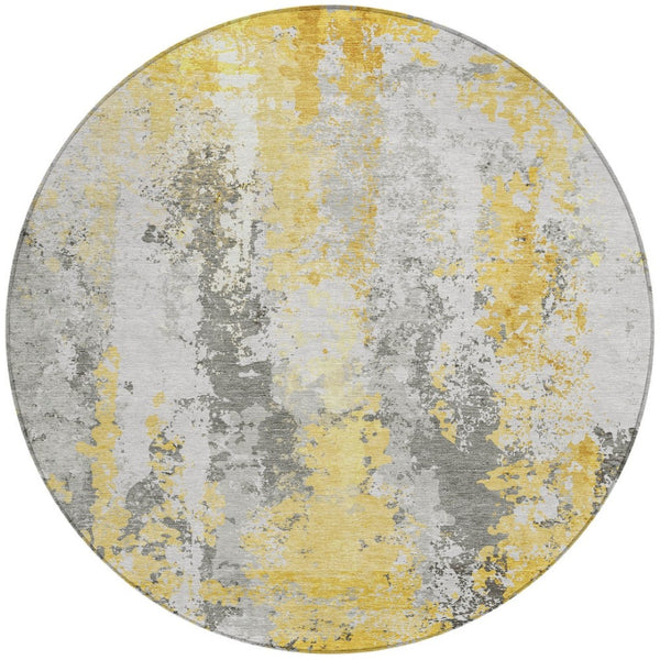HomeRoots 5' Vibrant Yellow and Ivory Abstract Area Rug – Durable, Stain Resistant, Indoor/Outdoor Versatile Design 8' Round 622638