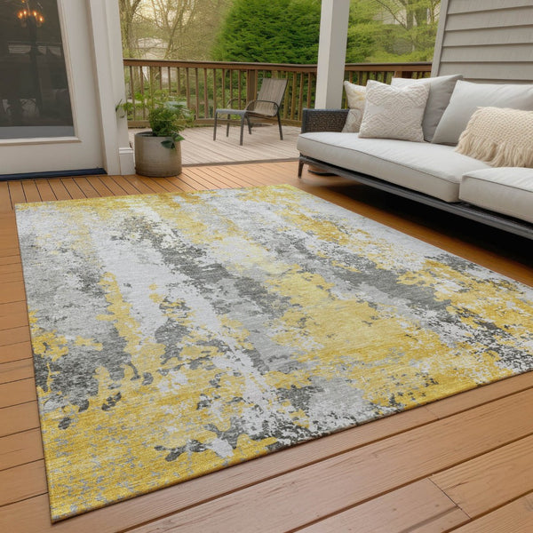 HomeRoots 5' Vibrant Yellow and Ivory Abstract Area Rug – Durable, Stain Resistant, Indoor/Outdoor Versatile Design 8' X 10' 622639