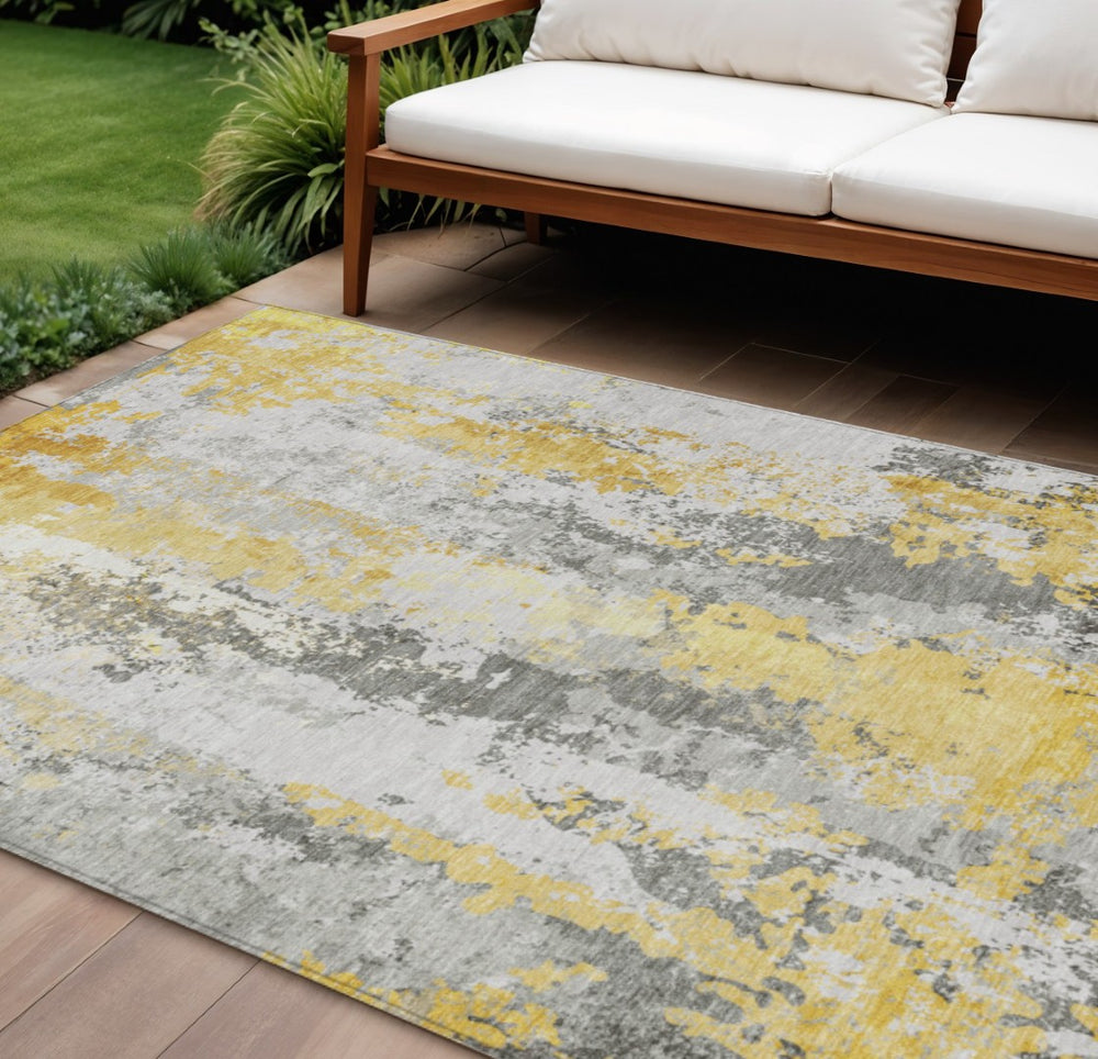 HomeRoots 5' Vibrant Yellow and Ivory Abstract Area Rug – Durable, Stain Resistant, Indoor/Outdoor Versatile Design 9' X 12' 622640