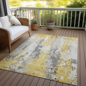 HomeRoots 5' Vibrant Yellow and Ivory Abstract Area Rug – Durable, Stain Resistant, Indoor/Outdoor Versatile Design 9' X 12' 622640