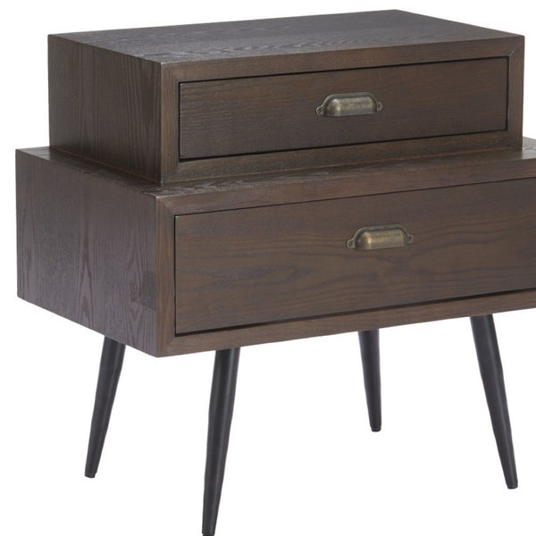 HomeRoots 24" Brown Wood Pedestal End Table - Elegant Two-Drawer Design for Stylish Living Room Storage Solutions 622657