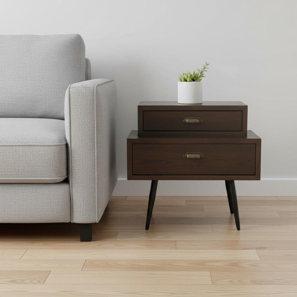 HomeRoots 24" Brown Wood Pedestal End Table - Elegant Two-Drawer Design for Stylish Living Room Storage Solutions 622657