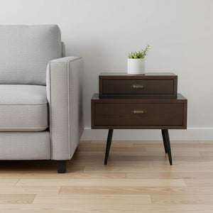 HomeRoots 24" Brown Wood Pedestal End Table - Elegant Two-Drawer Design for Stylish Living Room Storage Solutions 622657