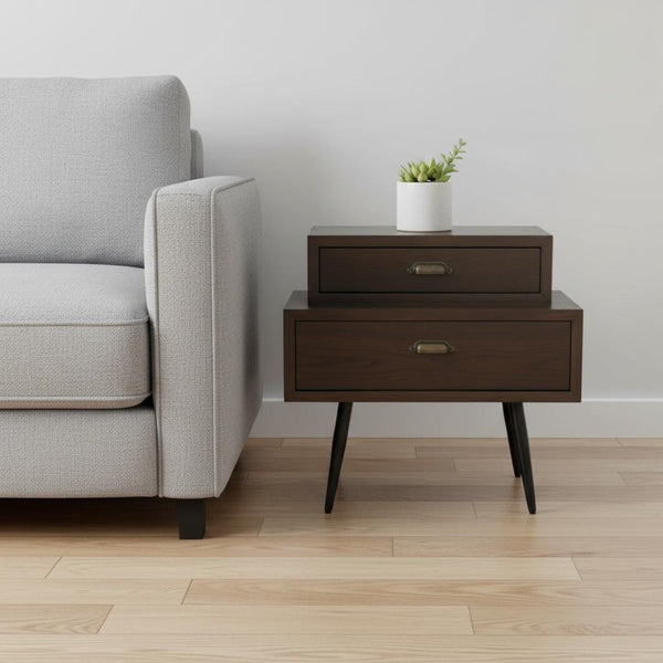 HomeRoots 24" Brown Wood Pedestal End Table - Elegant Two-Drawer Design for Stylish Living Room Storage Solutions 622657