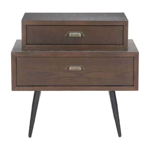 HomeRoots 24" Brown Wood Pedestal End Table - Elegant Two-Drawer Design for Stylish Living Room Storage Solutions 622657