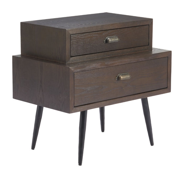 HomeRoots 24" Brown Wood Pedestal End Table - Elegant Two-Drawer Design for Stylish Living Room Storage Solutions 622657