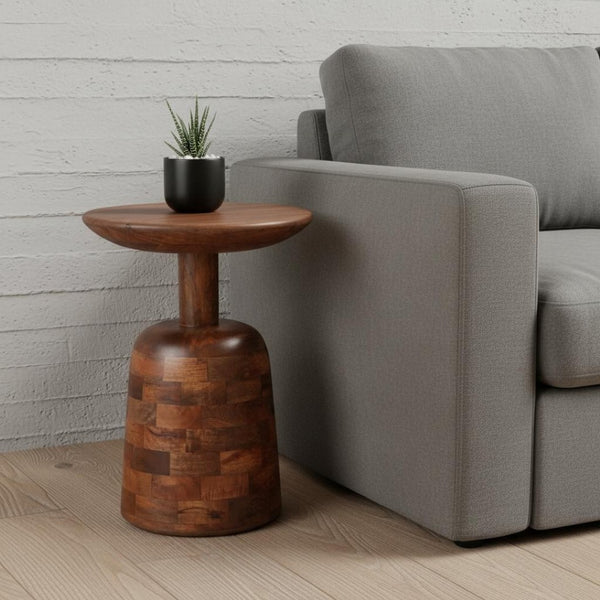 HomeRoots 22" Rustic Brown Wood Pedestal End Table - Versatile Nightstand & Snack Table, Fully Assembled! 622663