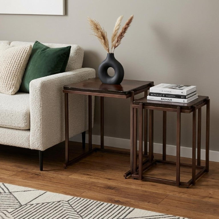 Set of Two Bronze Iron Nesting Accent Tables with Square Glass Tops for Living Room