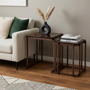 Set of Two Bronze Iron Nesting Accent Tables with Square Glass Tops for Living Room