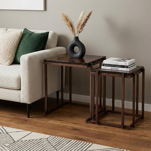 Set of Two Bronze Iron Nesting Accent Tables with Square Glass Tops for Living Room