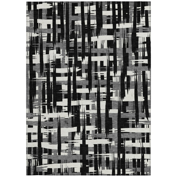 HomeRoots 5' Stylish Black, Gray, and Ivory Striped Washable Indoor-Outdoor Area Rug for Versatile Living Spaces 5' X 8' 622678