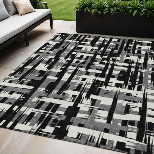HomeRoots 5' Stylish Black, Gray, and Ivory Striped Washable Indoor-Outdoor Area Rug for Versatile Living Spaces 5' X 8' 622678