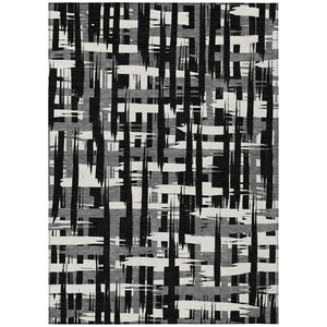 HomeRoots 5' Stylish Black, Gray, and Ivory Striped Washable Indoor-Outdoor Area Rug for Versatile Living Spaces 5' X 8' 622678