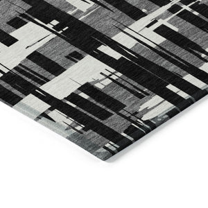 HomeRoots 5' Stylish Black, Gray, and Ivory Striped Washable Indoor-Outdoor Area Rug for Versatile Living Spaces 5' X 8' 622678