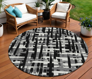 HomeRoots 5' Stylish Black, Gray, and Ivory Striped Washable Indoor-Outdoor Area Rug for Versatile Living Spaces 8' Round 622679