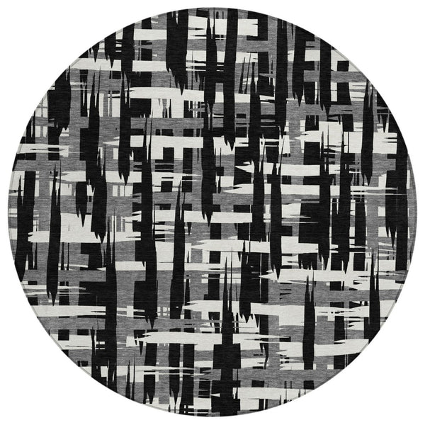 HomeRoots 5' Stylish Black, Gray, and Ivory Striped Washable Indoor-Outdoor Area Rug for Versatile Living Spaces 8' Round 622679