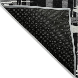 HomeRoots 5' Stylish Black, Gray, and Ivory Striped Washable Indoor-Outdoor Area Rug for Versatile Living Spaces 8' Round 622679