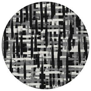 HomeRoots 5' Stylish Black, Gray, and Ivory Striped Washable Indoor-Outdoor Area Rug for Versatile Living Spaces 8' Round 622679