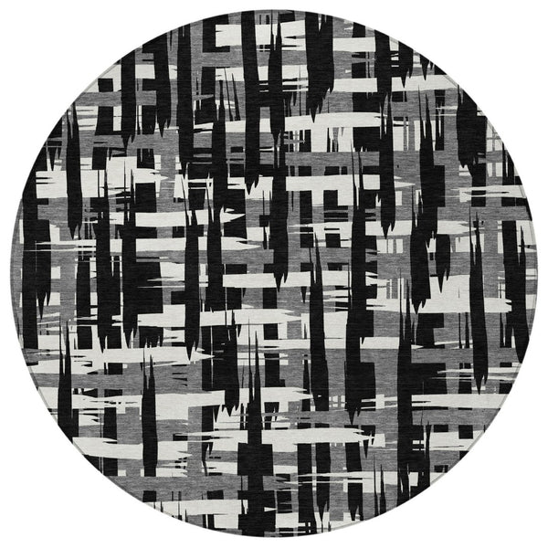 HomeRoots 5' Stylish Black, Gray, and Ivory Striped Washable Indoor-Outdoor Area Rug for Versatile Living Spaces 8' Round 622679