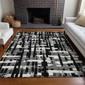 HomeRoots 5' Stylish Black, Gray, and Ivory Striped Washable Indoor-Outdoor Area Rug for Versatile Living Spaces 8' X 10' 622680