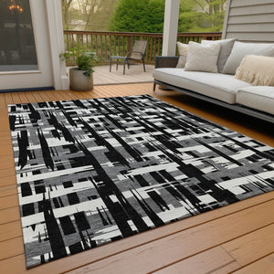 HomeRoots 5' Stylish Black, Gray, and Ivory Striped Washable Indoor-Outdoor Area Rug for Versatile Living Spaces 8' X 10' 622680