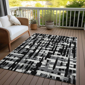 HomeRoots 5' Stylish Black, Gray, and Ivory Striped Washable Indoor-Outdoor Area Rug for Versatile Living Spaces 9' X 12' 622681