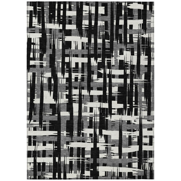 HomeRoots 5' Stylish Black, Gray, and Ivory Striped Washable Indoor-Outdoor Area Rug for Versatile Living Spaces 9' X 12' 622681