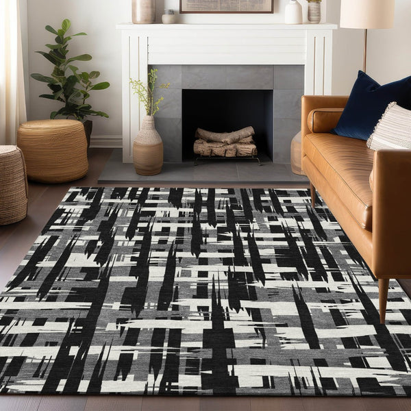 HomeRoots 5' Stylish Black, Gray, and Ivory Striped Washable Indoor-Outdoor Area Rug for Versatile Living Spaces 9' X 12' 622681