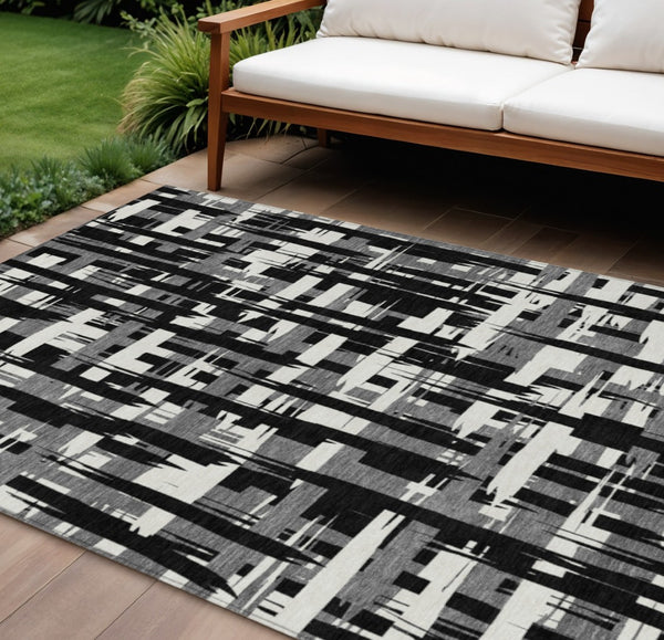 HomeRoots 5' Stylish Black, Gray, and Ivory Striped Washable Indoor-Outdoor Area Rug for Versatile Living Spaces 10' X 14' 622682