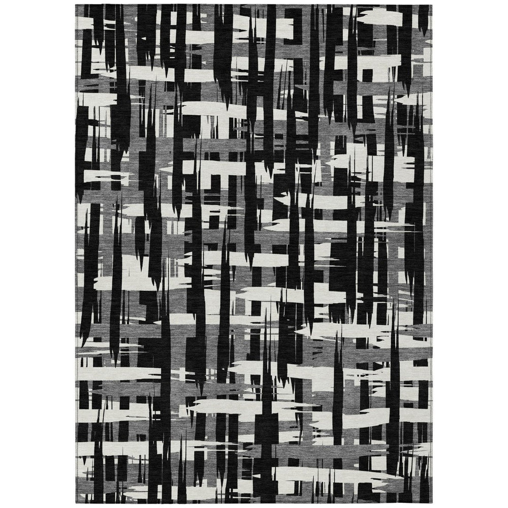 HomeRoots 5' Stylish Black, Gray, and Ivory Striped Washable Indoor-Outdoor Area Rug for Versatile Living Spaces 10' X 14' 622682