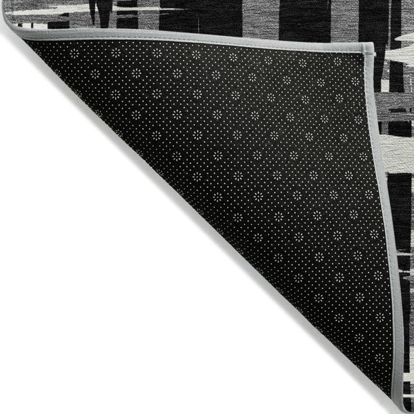 HomeRoots 5' Stylish Black, Gray, and Ivory Striped Washable Indoor-Outdoor Area Rug for Versatile Living Spaces 10' X 14' 622682
