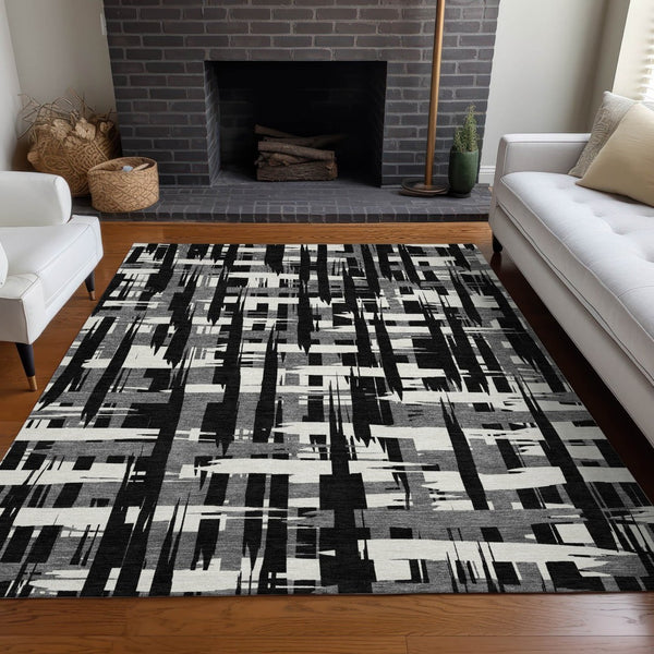 HomeRoots 5' Stylish Black, Gray, and Ivory Striped Washable Indoor-Outdoor Area Rug for Versatile Living Spaces 10' X 14' 622682