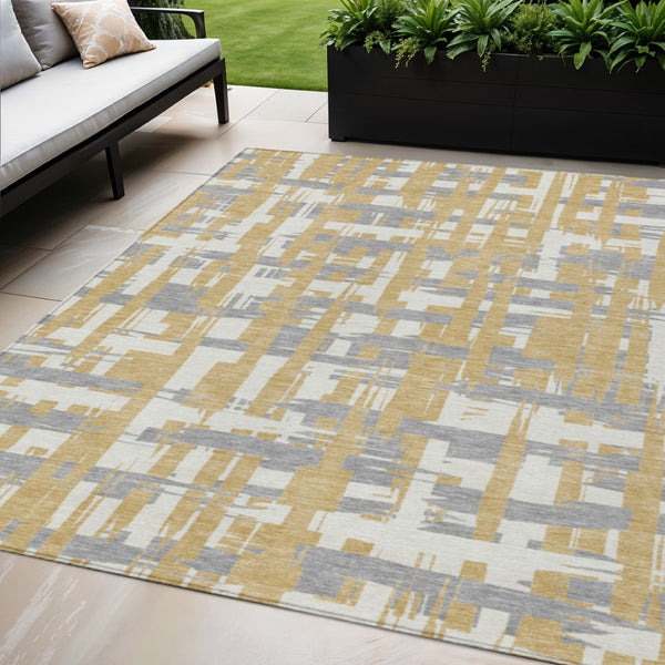 HomeRoots 5' Gold Ivory and Gray Striped Washable Area Rug - Stylish, Durable, Indoor/Outdoor Design for Any Space 5' X 8' 622690