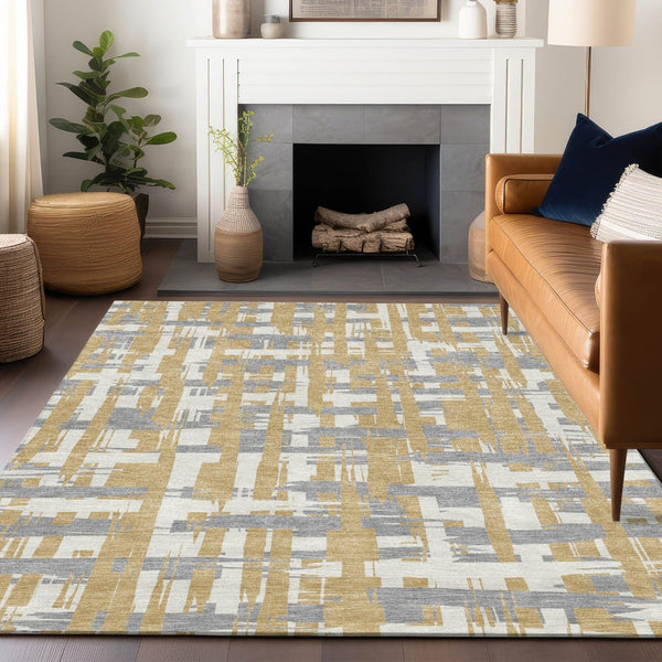 HomeRoots 5' Gold Ivory and Gray Striped Washable Area Rug - Stylish, Durable, Indoor/Outdoor Design for Any Space 5' X 8' 622690