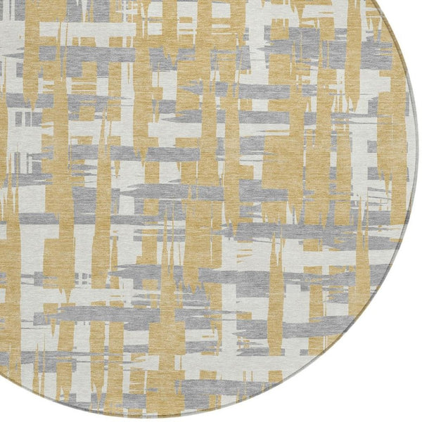 HomeRoots 5' Gold Ivory and Gray Striped Washable Area Rug - Stylish, Durable, Indoor/Outdoor Design for Any Space 8' Round 622691