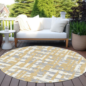 HomeRoots 5' Gold Ivory and Gray Striped Washable Area Rug - Stylish, Durable, Indoor/Outdoor Design for Any Space 8' Round 622691