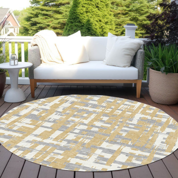 HomeRoots 5' Gold Ivory and Gray Striped Washable Area Rug - Stylish, Durable, Indoor/Outdoor Design for Any Space 8' Round 622691