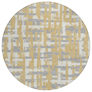 HomeRoots 5' Gold Ivory and Gray Striped Washable Area Rug - Stylish, Durable, Indoor/Outdoor Design for Any Space 8' Round 622691