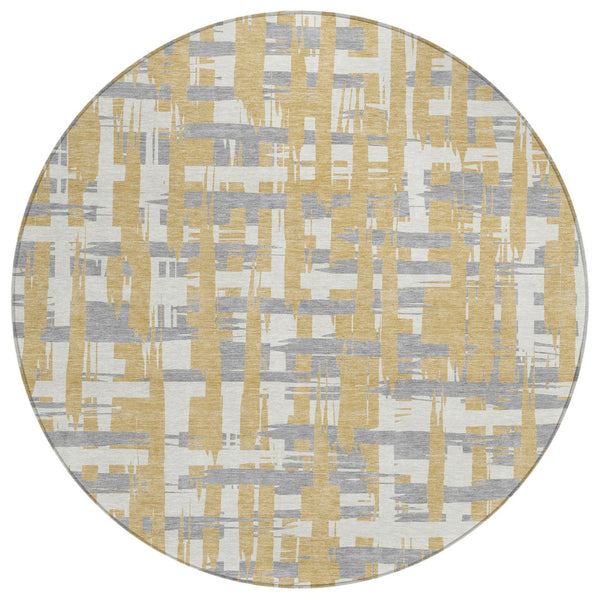 HomeRoots 5' Gold Ivory and Gray Striped Washable Area Rug - Stylish, Durable, Indoor/Outdoor Design for Any Space 8' Round 622691