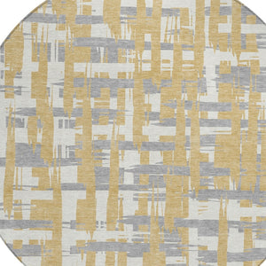 HomeRoots 5' Gold Ivory and Gray Striped Washable Area Rug - Stylish, Durable, Indoor/Outdoor Design for Any Space 8' Round 622691
